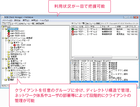 利用状況が一目で把握可能 クライアントを任意のグループに分け、ディレクトリ構造で管理。ネットワーク体系やユーザの部署等によって段階的にクライアントの管理が可能